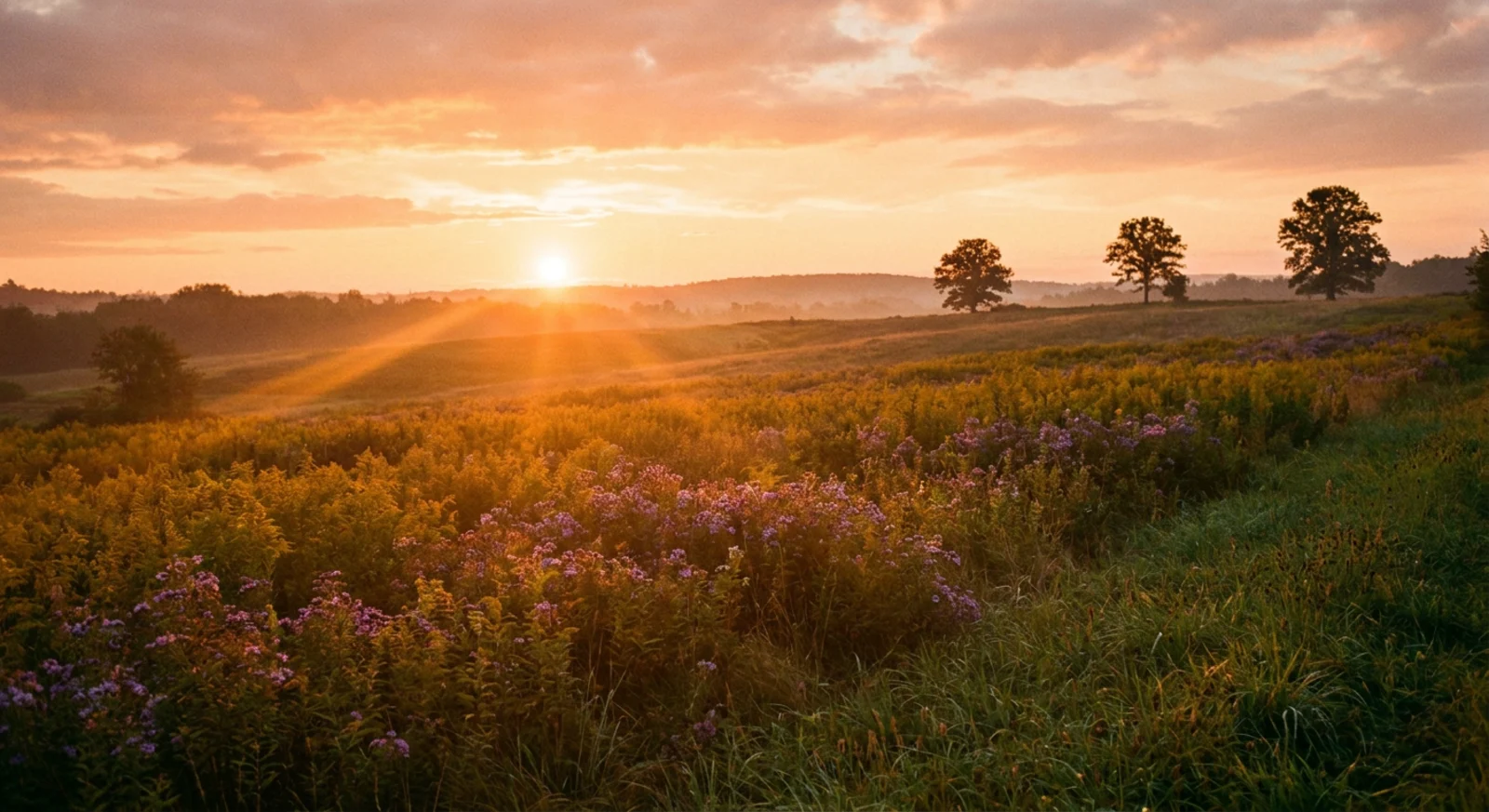 A golden sunset over rolling meadows in Maine